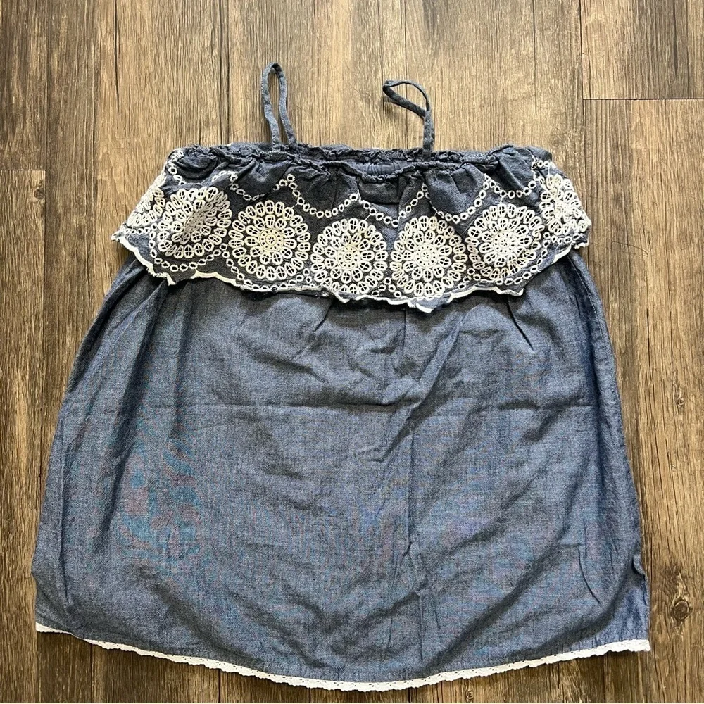 Baby Gap Blue Ivory Cotton Crochet Embroidered Baby Doll Top Dress Size 3